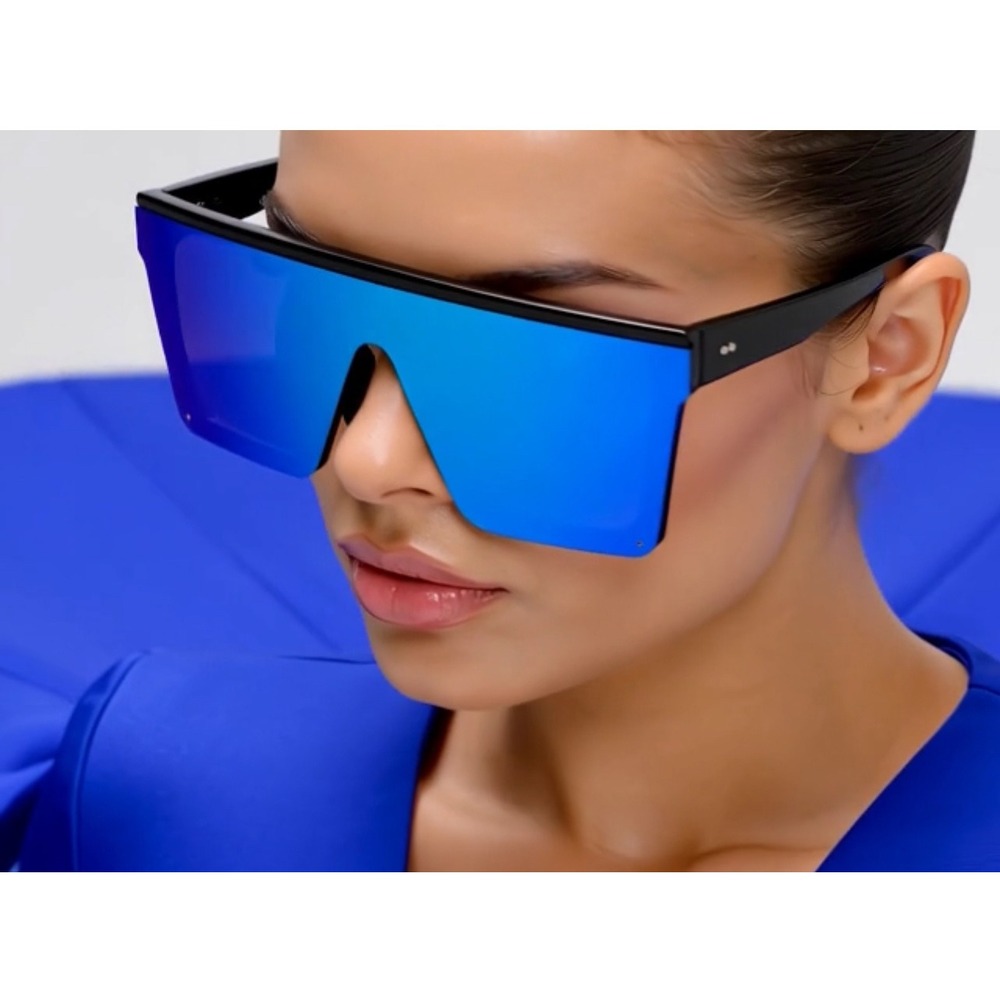 Shield Sunglasses Flat Top Oversized Blue Mirrored Lens Fashion Sunglasses Gafas - Picture 8 of 12